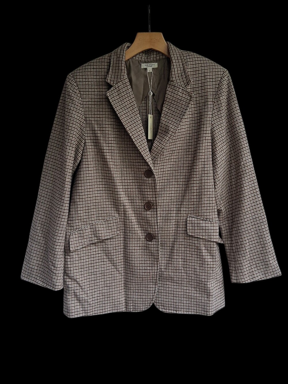 Max Studio Houndstooth Plaid Double Knit Blazer Brown L